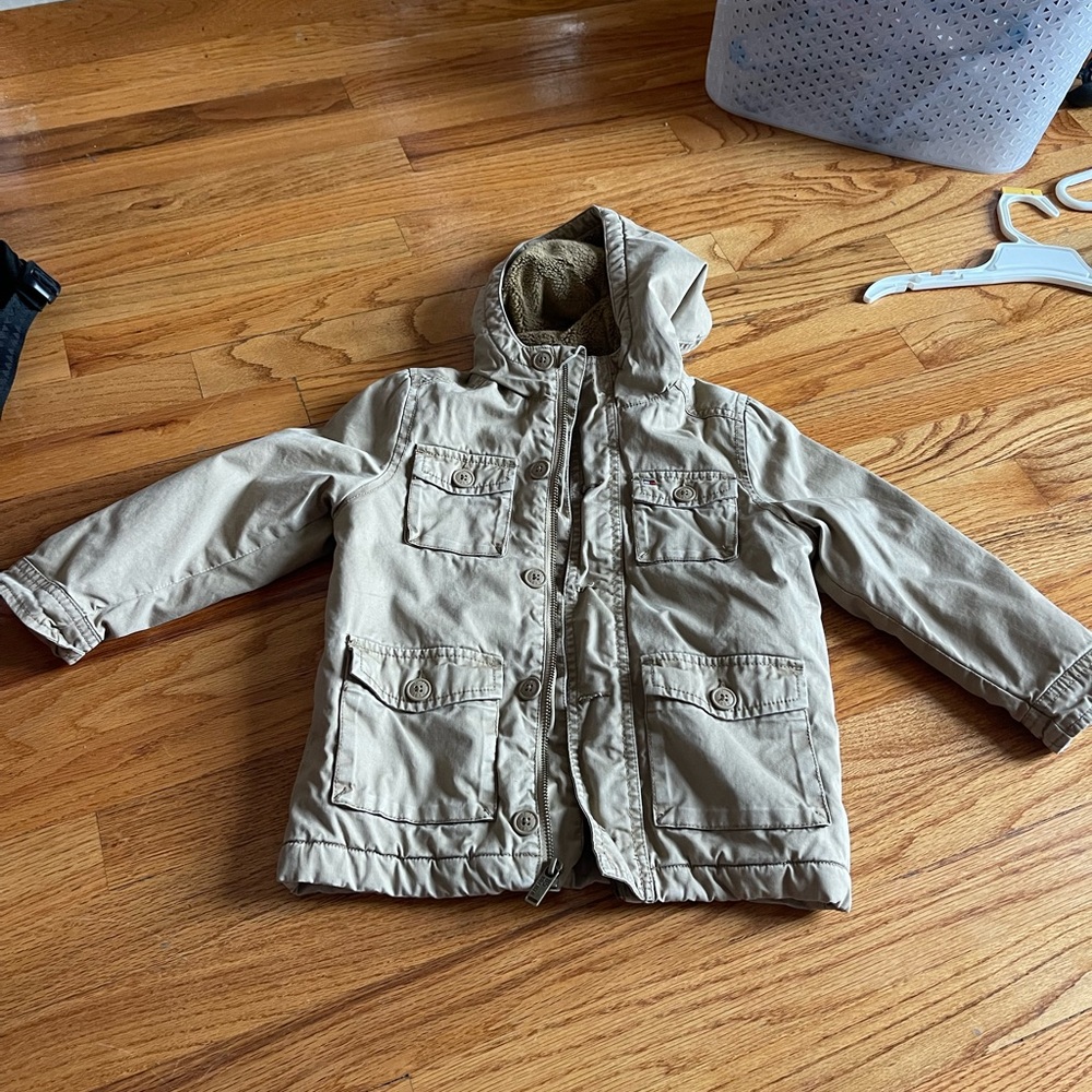 Boys beige cargo jacket with fur lining